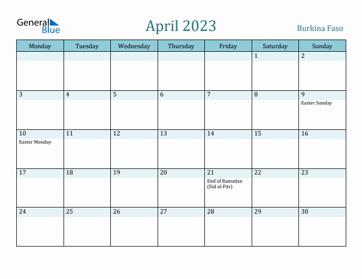 April 2023 Calendar with Holidays