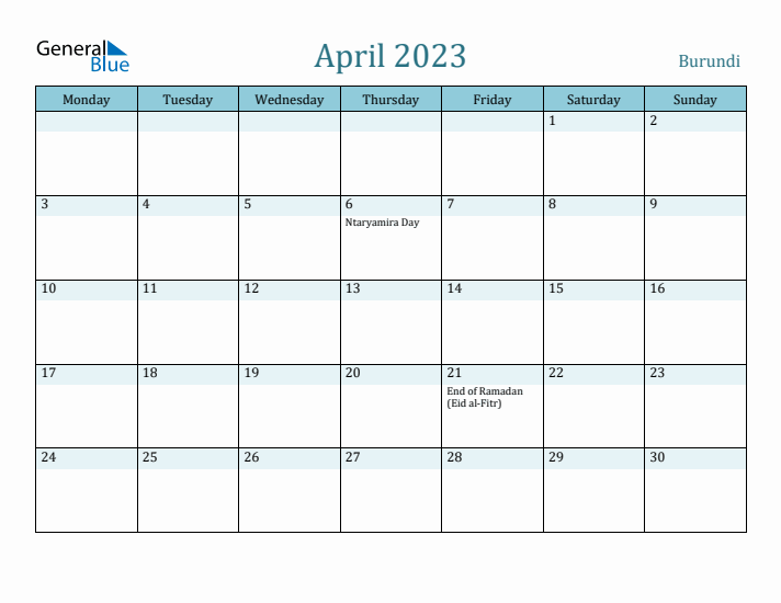 April 2023 Calendar with Holidays