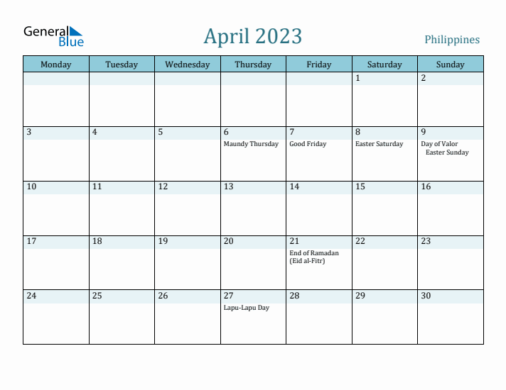 April 2023 Calendar with Holidays