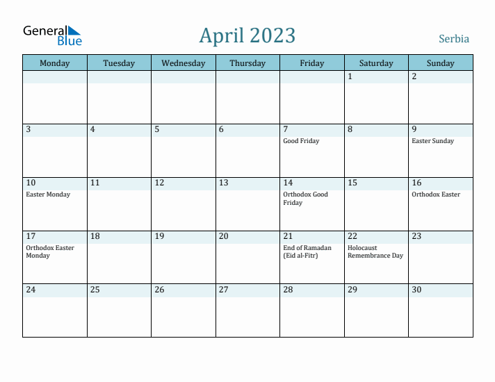 April 2023 Calendar with Holidays