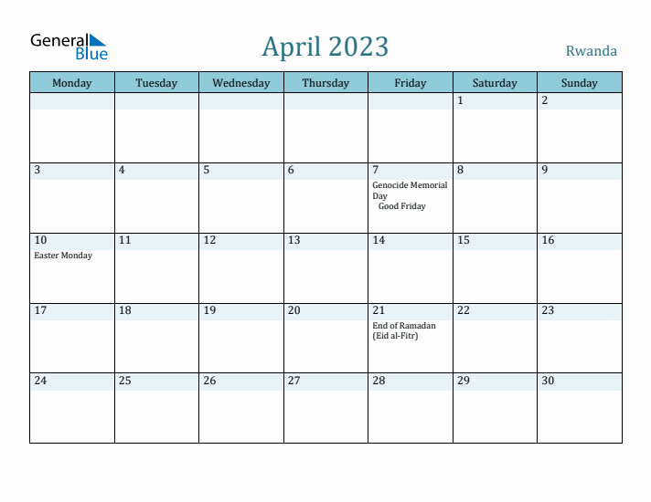 April 2023 Calendar with Holidays