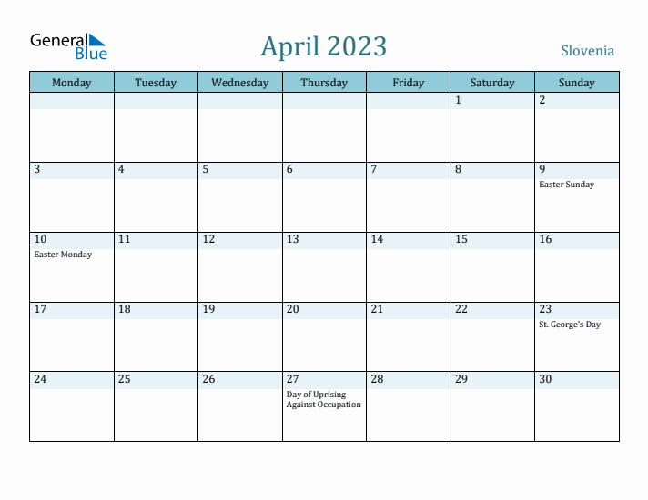 April 2023 Calendar with Holidays