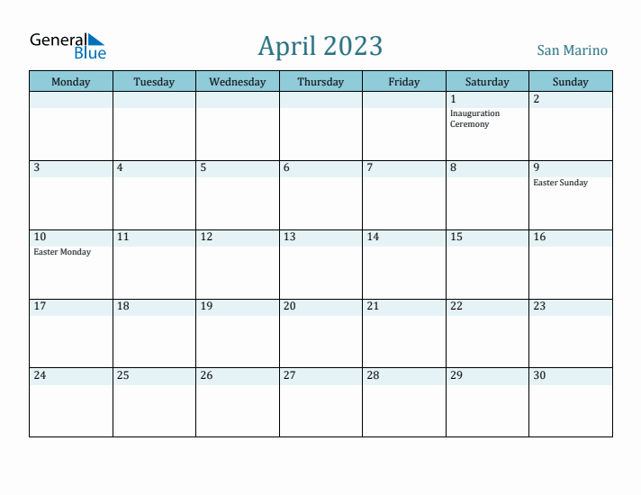 April 2023 Calendar with Holidays