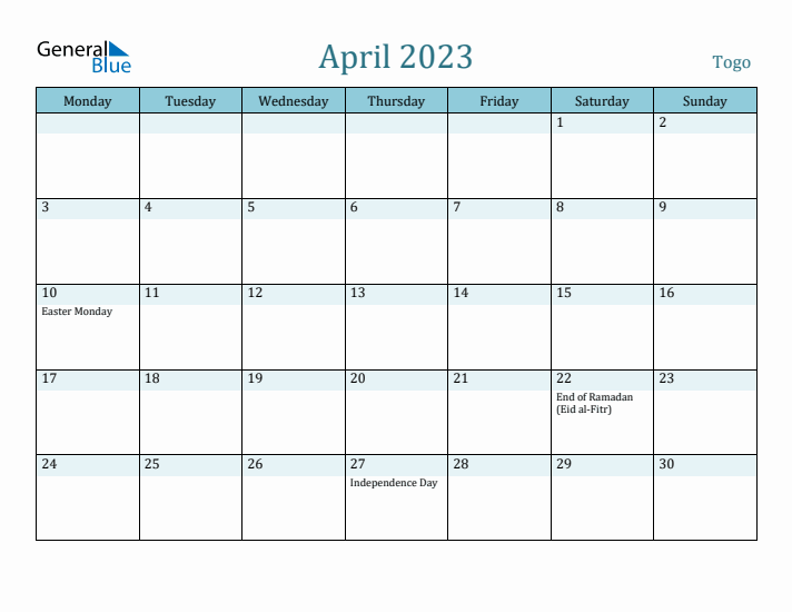 April 2023 Calendar with Holidays