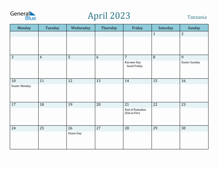 April 2023 Calendar with Holidays