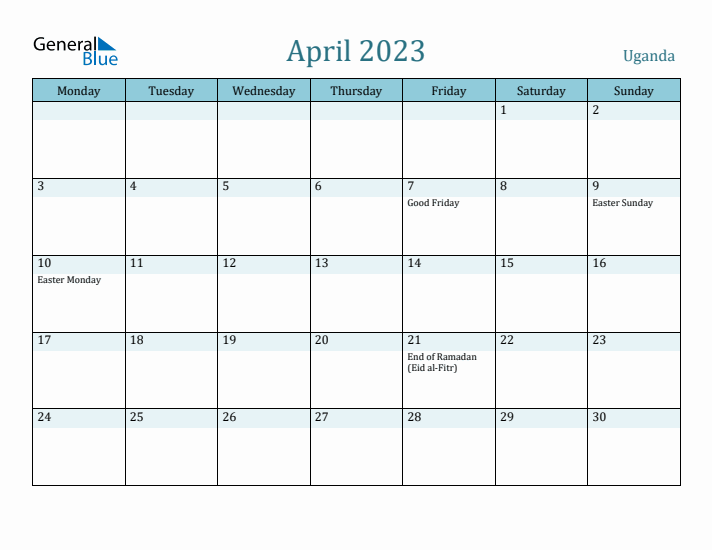 April 2023 Calendar with Holidays