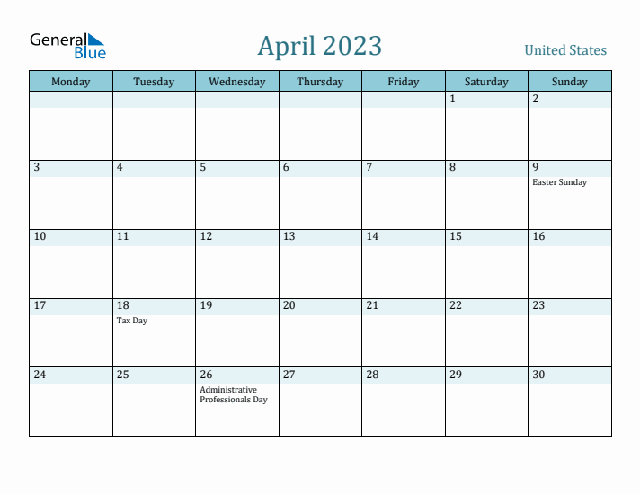 April 2023 Calendar with Holidays