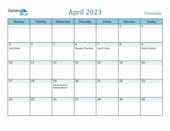 April 2023 Calendar with Holidays