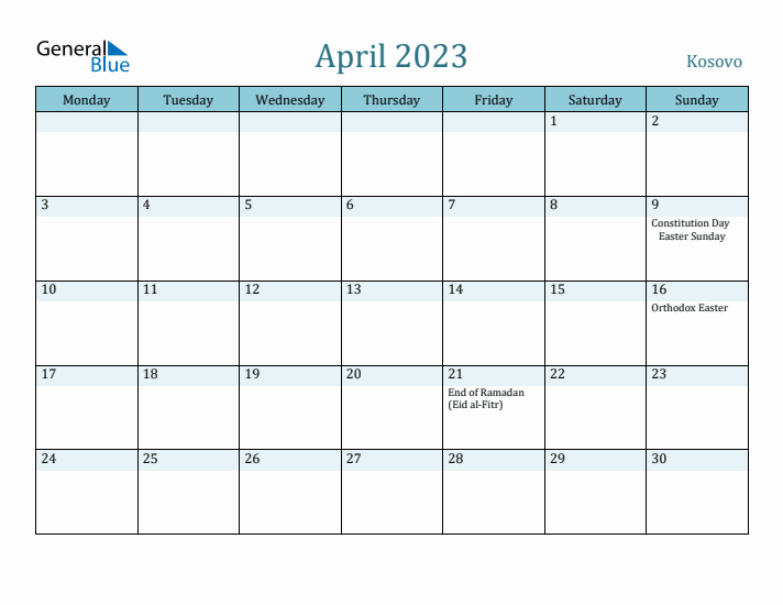 April 2023 Calendar with Holidays