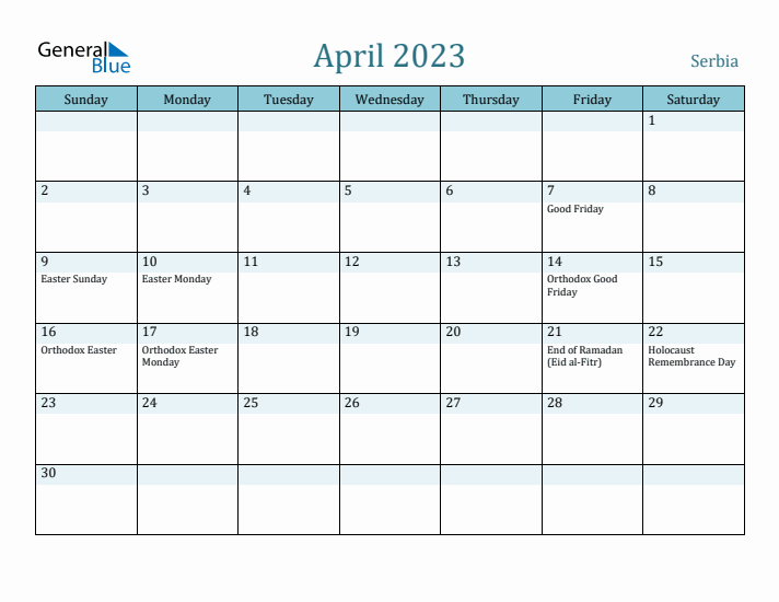 April 2023 Calendar with Holidays