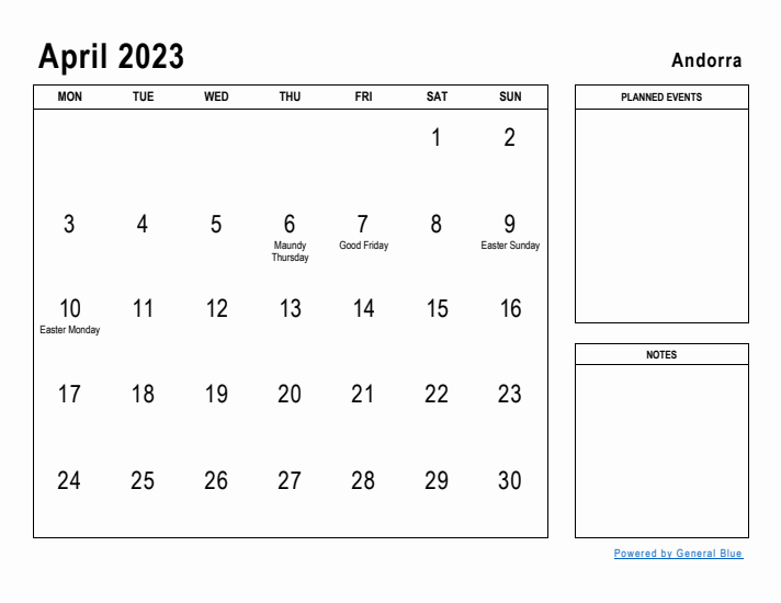 April 2023 Printable Monthly Calendar with Andorra Holidays