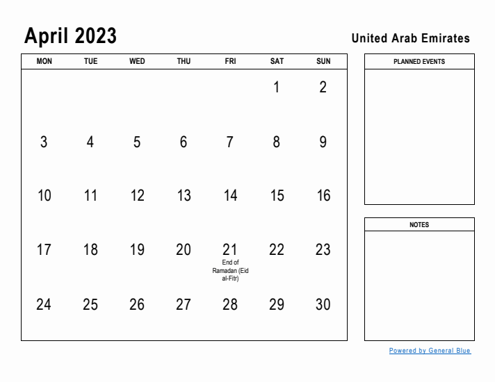 April 2023 Printable Monthly Calendar with United Arab Emirates Holidays