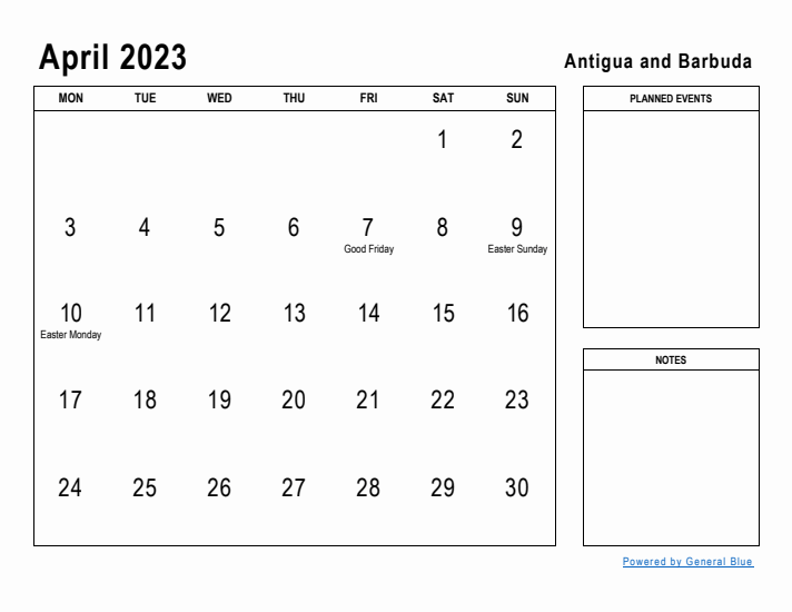 April 2023 Printable Monthly Calendar with Antigua and Barbuda Holidays