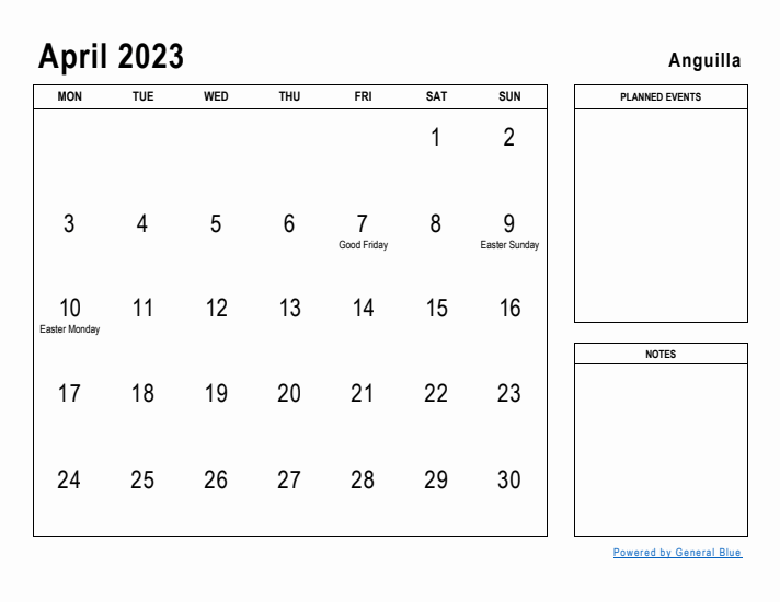 April 2023 Printable Monthly Calendar with Anguilla Holidays