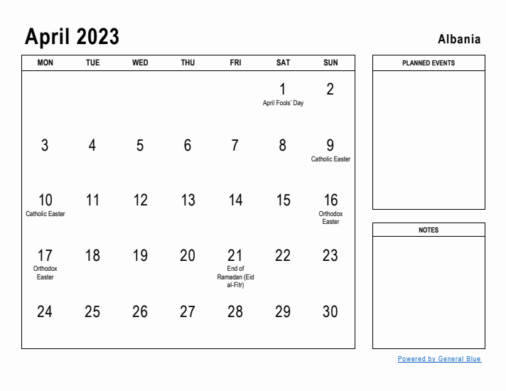 April 2023 Printable Monthly Calendar with Albania Holidays