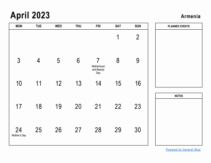 April 2023 Printable Monthly Calendar with Armenia Holidays