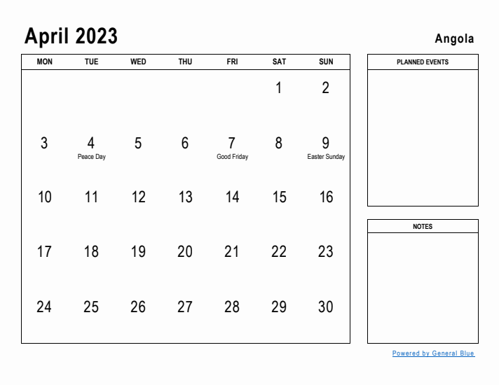 April 2023 Printable Monthly Calendar with Angola Holidays