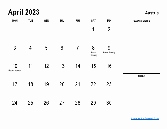 April 2023 Printable Monthly Calendar with Austria Holidays