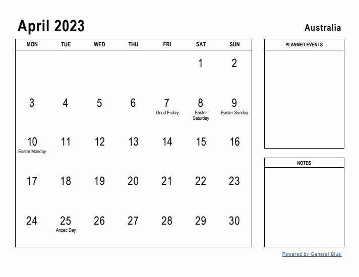 April 2023 Printable Monthly Calendar with Australia Holidays