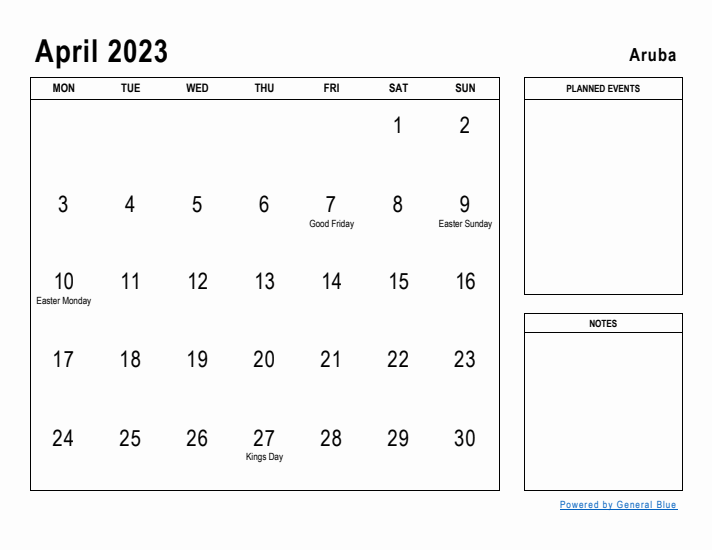 April 2023 Printable Monthly Calendar with Aruba Holidays