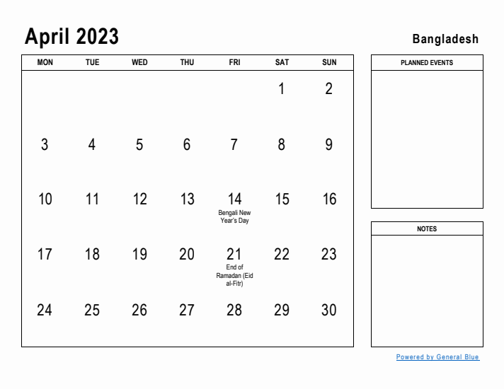 April 2023 Printable Monthly Calendar with Bangladesh Holidays