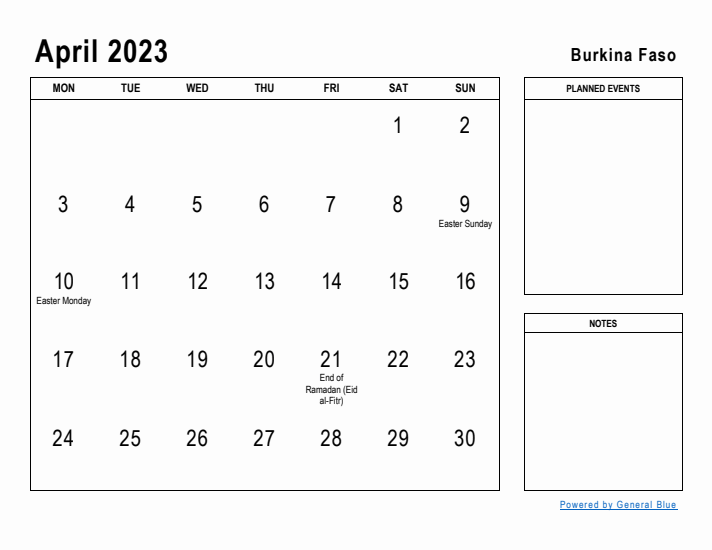 April 2023 Printable Monthly Calendar with Burkina Faso Holidays