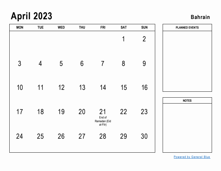 April 2023 Printable Monthly Calendar with Bahrain Holidays