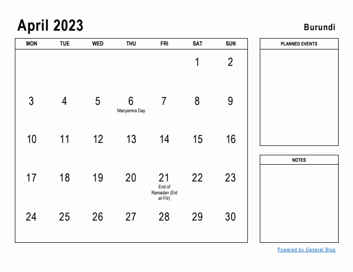 April 2023 Printable Monthly Calendar with Burundi Holidays