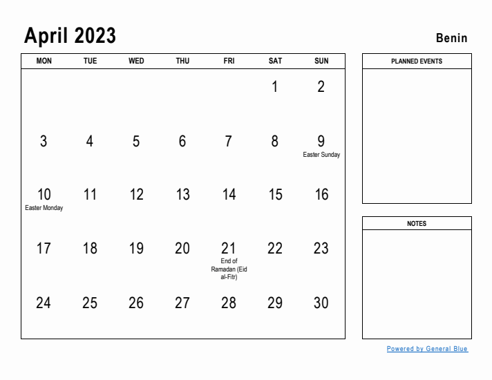 April 2023 Printable Monthly Calendar with Benin Holidays