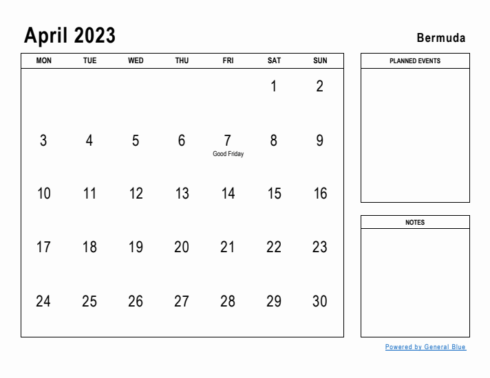 April 2023 Printable Monthly Calendar with Bermuda Holidays