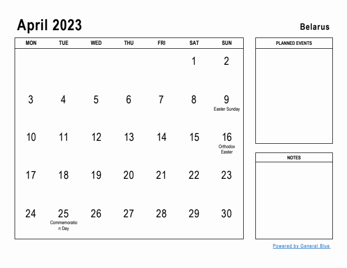 April 2023 Printable Monthly Calendar with Belarus Holidays