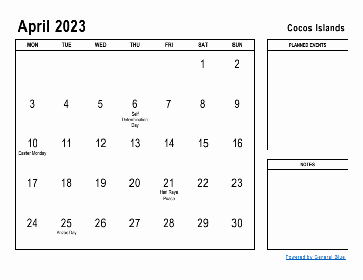 April 2023 Printable Monthly Calendar with Cocos Islands Holidays