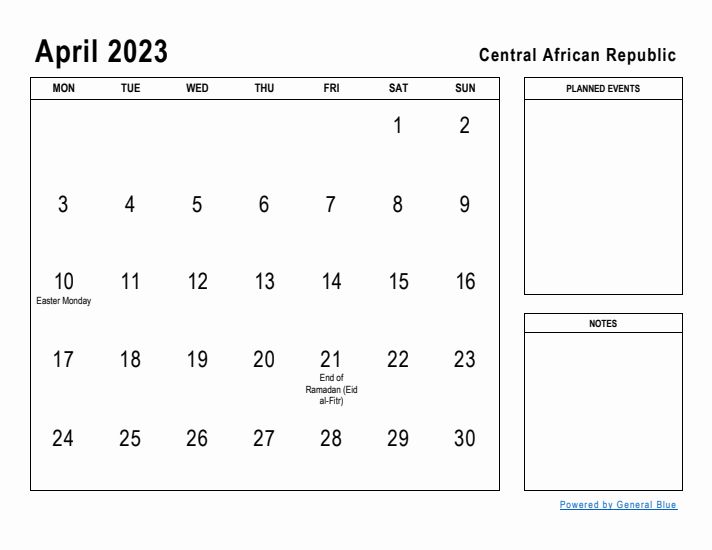 April 2023 Printable Monthly Calendar with Central African Republic Holidays