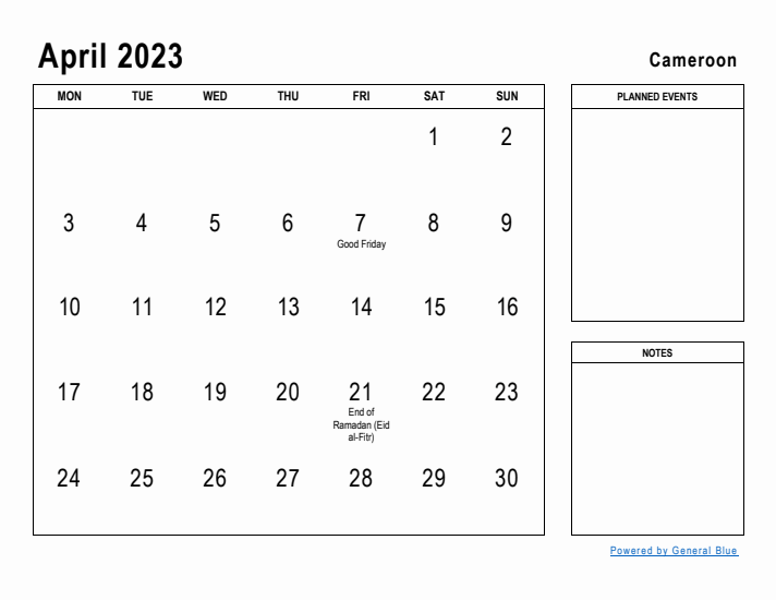 April 2023 Printable Monthly Calendar with Cameroon Holidays