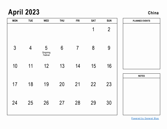 April 2023 Printable Monthly Calendar with China Holidays