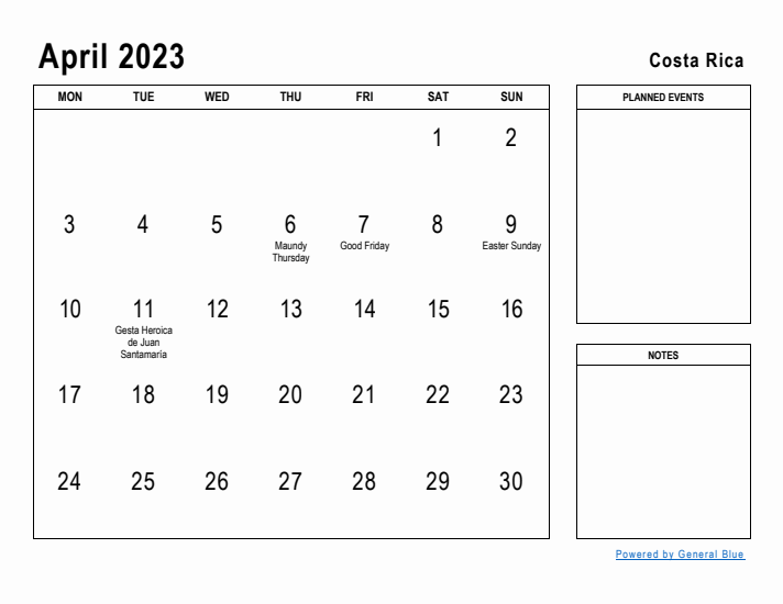 April 2023 Printable Monthly Calendar with Costa Rica Holidays