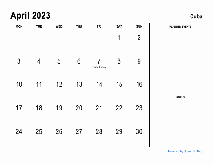 April 2023 Printable Monthly Calendar with Cuba Holidays