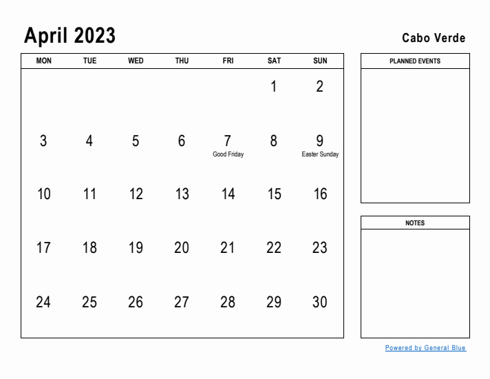 April 2023 Printable Monthly Calendar with Cabo Verde Holidays