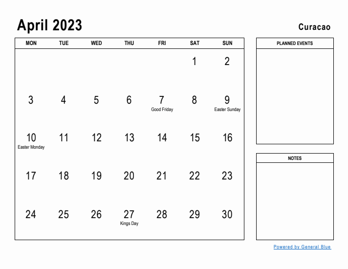 April 2023 Printable Monthly Calendar with Curacao Holidays