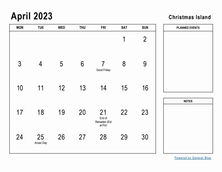 April 2023 Printable Monthly Calendar with Christmas Island Holidays