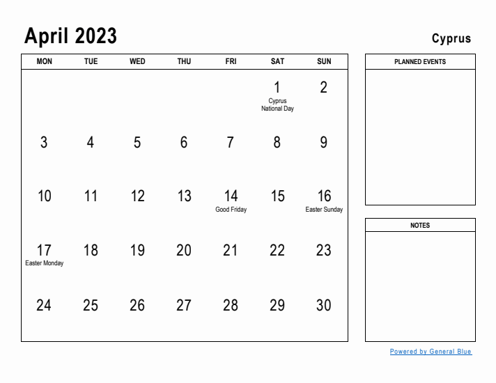 April 2023 Printable Monthly Calendar with Cyprus Holidays