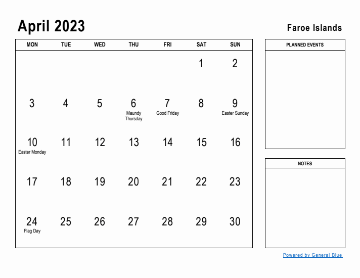 April 2023 Printable Monthly Calendar with Faroe Islands Holidays