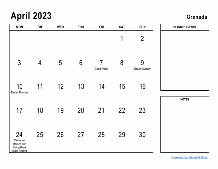 April 2023 Printable Monthly Calendar with Grenada Holidays