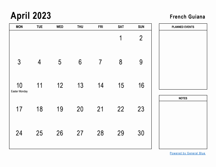 April 2023 Printable Monthly Calendar with French Guiana Holidays