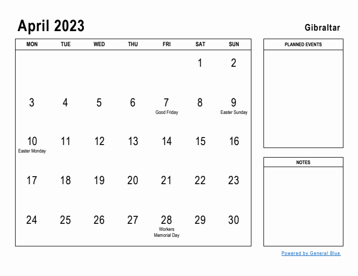 April 2023 Printable Monthly Calendar with Gibraltar Holidays