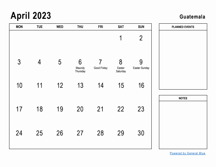 April 2023 Printable Monthly Calendar with Guatemala Holidays