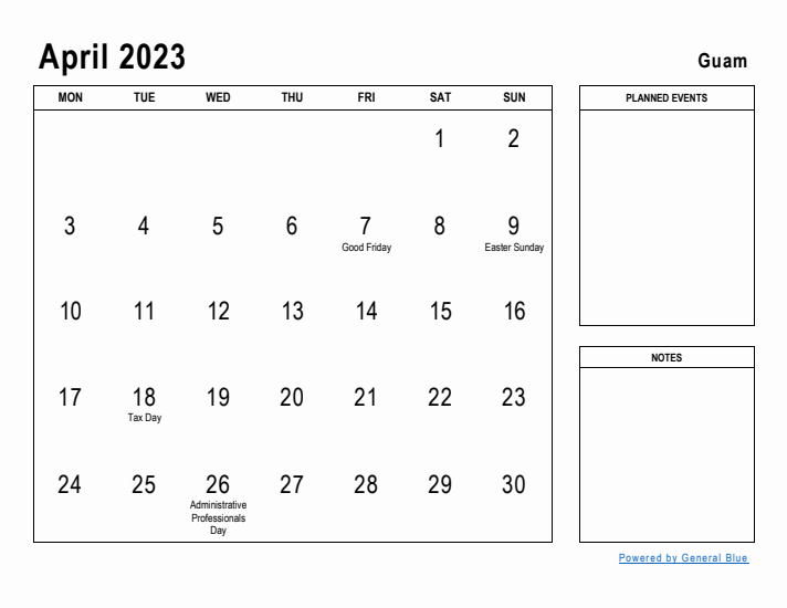 April 2023 Printable Monthly Calendar with Guam Holidays