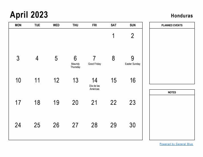 April 2023 Printable Monthly Calendar with Honduras Holidays