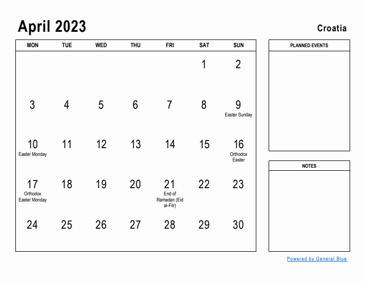 April 2023 Printable Monthly Calendar with Croatia Holidays