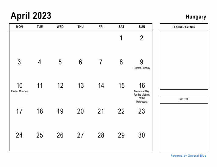 April 2023 Printable Monthly Calendar with Hungary Holidays